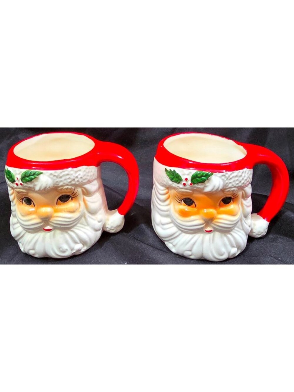 Vintage Lego 2 SANTA CLAUS HEAD FACE ceramic Christmas Coffee Cup Mugs 3.25"H